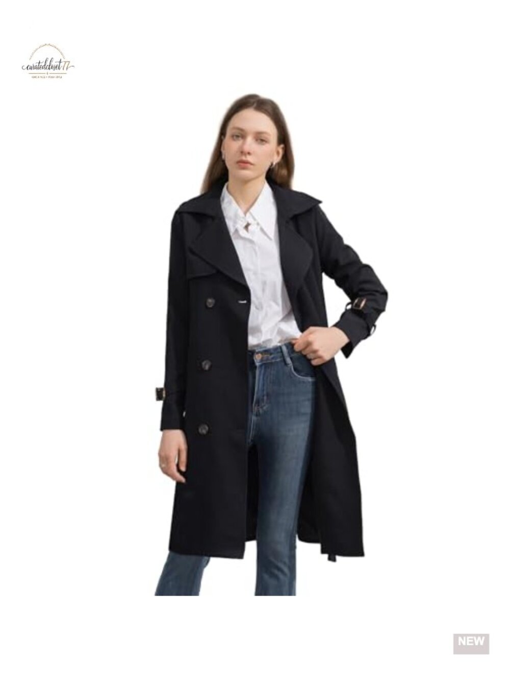 Women's Knee Length Trench Coat Double Breasted Belted Overcoat
